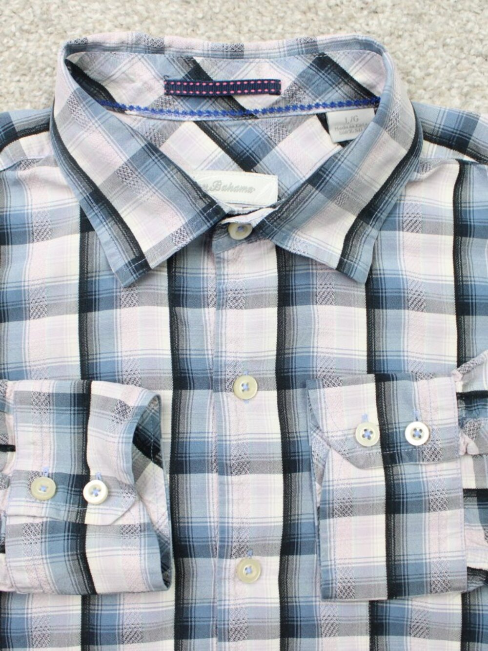 Tommy Bahama Shirt Men Large Pink/Blue Plaid 100% Silk Long Sleeve Casual Preppy